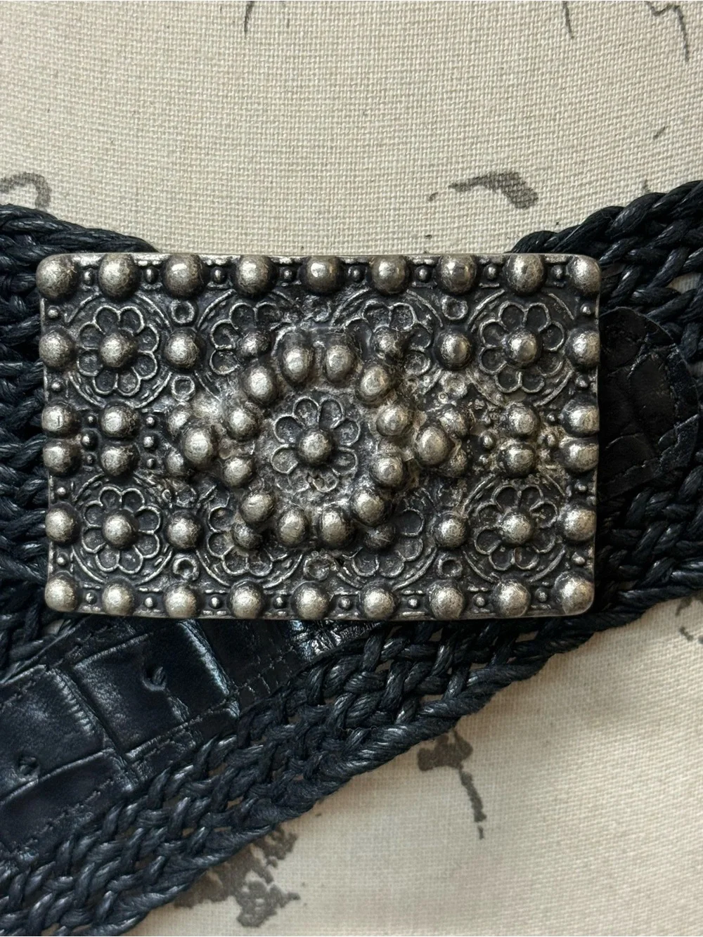 Patricia Green Black Braided Belt with Ornate Silver-Tone Buckle